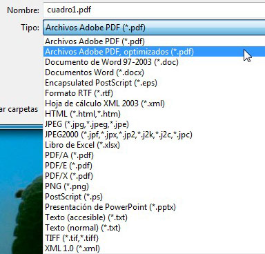 Imagen dónde se muestran los tipos de archivo para guardar documentos en Adobe Acrobat Reader
