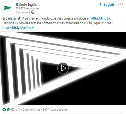 Ejemplo de copywriting en redes sociales en el perfil de Linkedin de Corte Inglés